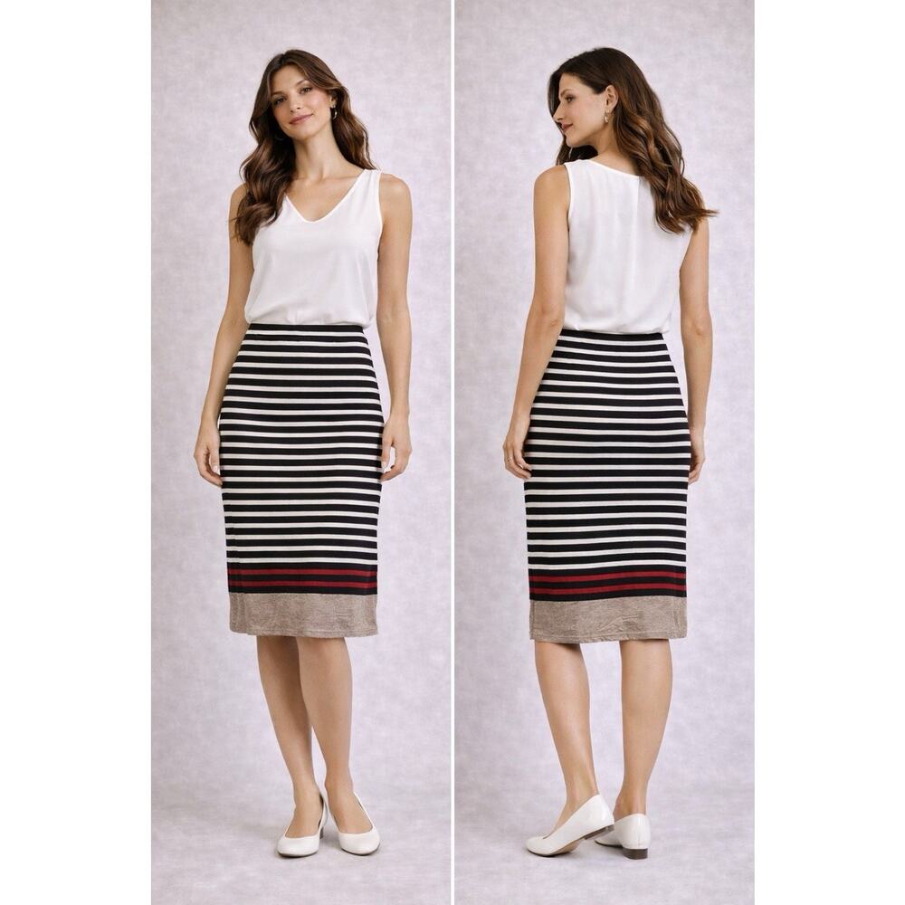 Max Studio Striped Midi Skirt Black White Red Knit Stretch Casual M